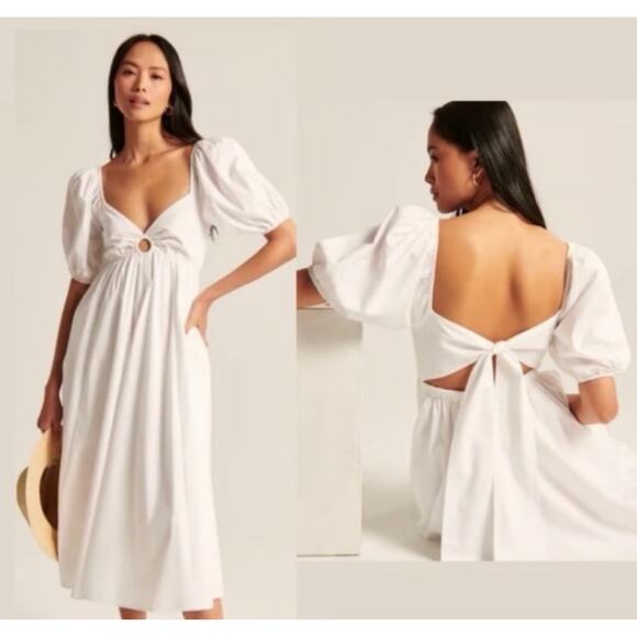 Abercrombie & Fitch White Puff Sleeve Midi Dress Size Small Tie Back Cutout - Picture 1 of 7
